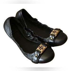 Tory Burch Black Leather Gold Buckle Ballet Flats Size 5.5